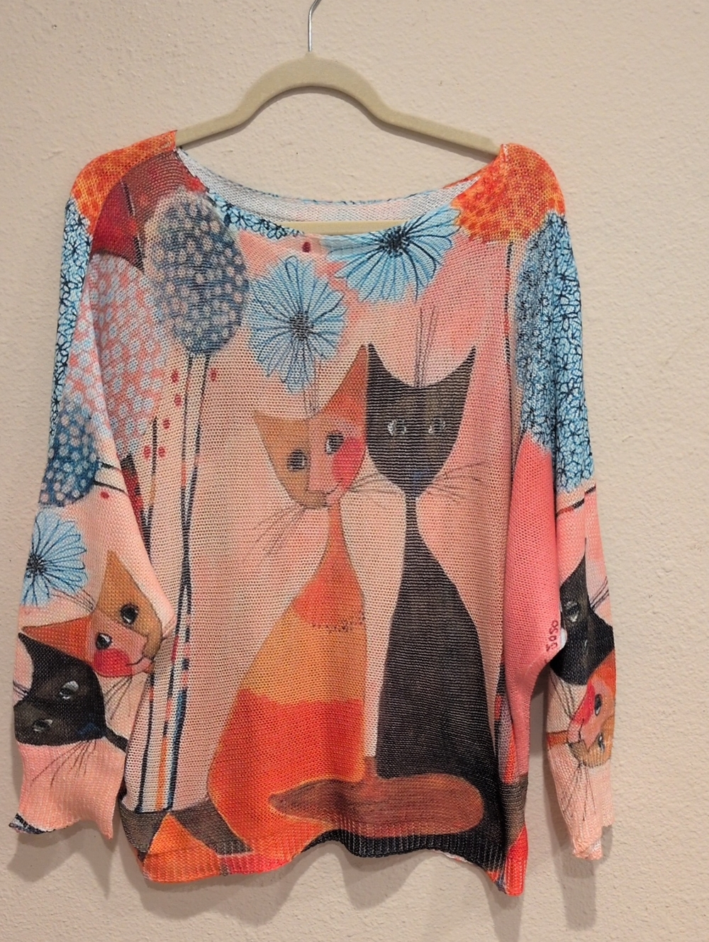 Emporium Made In Italy Cat Print Oversized Knit Sweater Batwing Top Size Medium